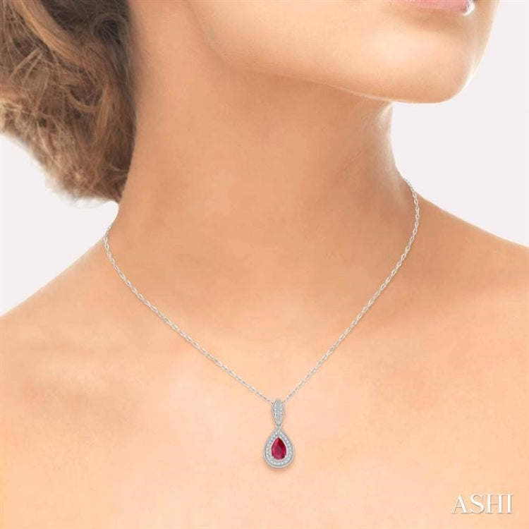1/10 ctw Pear Shape 6x4mm Ruby & Round Cut Diamond Precious Pendant With Chain in 10K White Gold