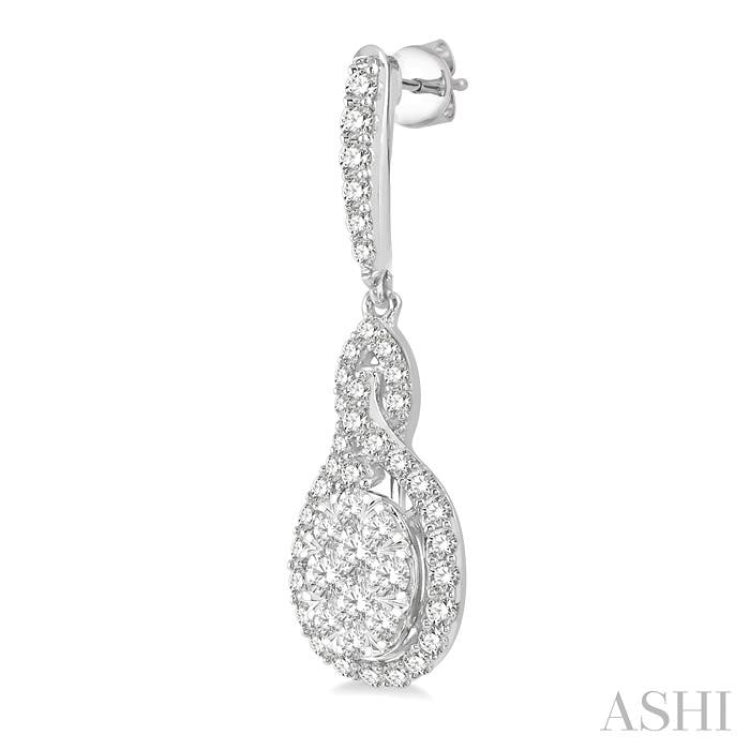 1 1/4 Ctw Oval Shape Dangling Lovebright Round Cut Diamond Earring in 14K White Gold