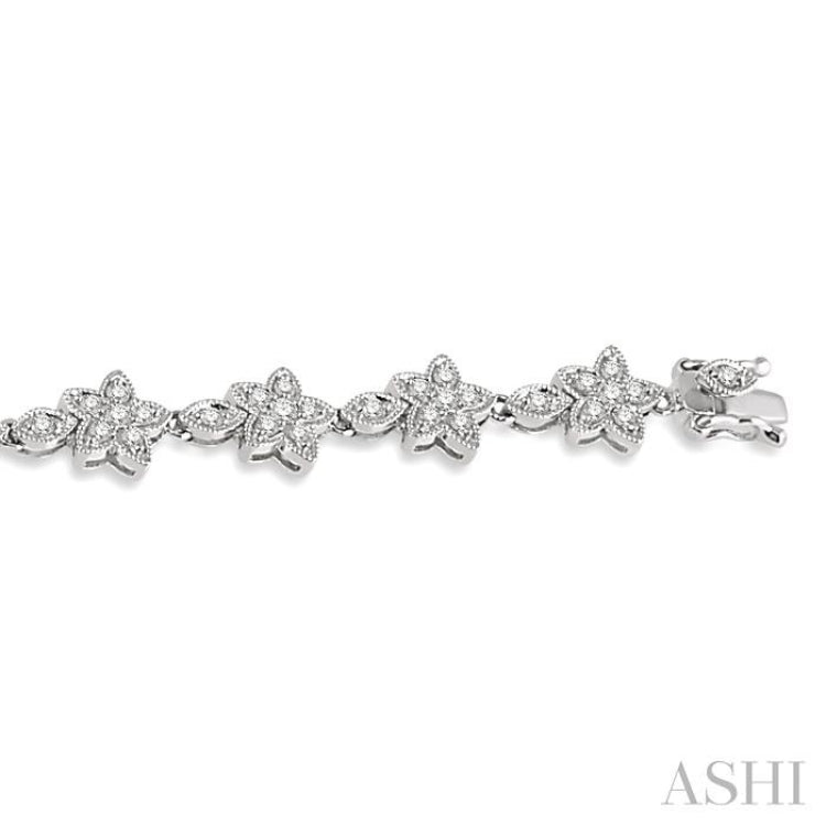 1 1/5 ctw Flower and Marquise Link Diamond Bracelet in 14K White Gold