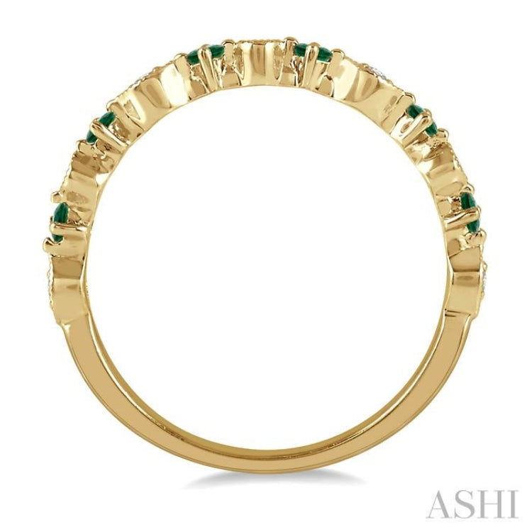 1.80 MM Round Cut Emerald and 1/20 Ctw Round Cut Diamond Half Eternity Wedding Band in 14K Yellow Gold