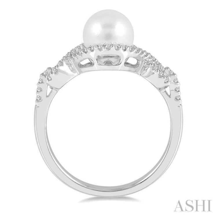 1/5 ctw Twisted Open Lattice 7MM Pearl and Round Cut Diamond Ring in 10K White Gold