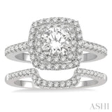 1 1/2 ctw Diamond Wedding Set With 1 1/3 ctw Twin Halo 3/4 ctw Round Cut Center Stone Engagement Ring and 1/4 ctw Wedding Band in 14K White Gold