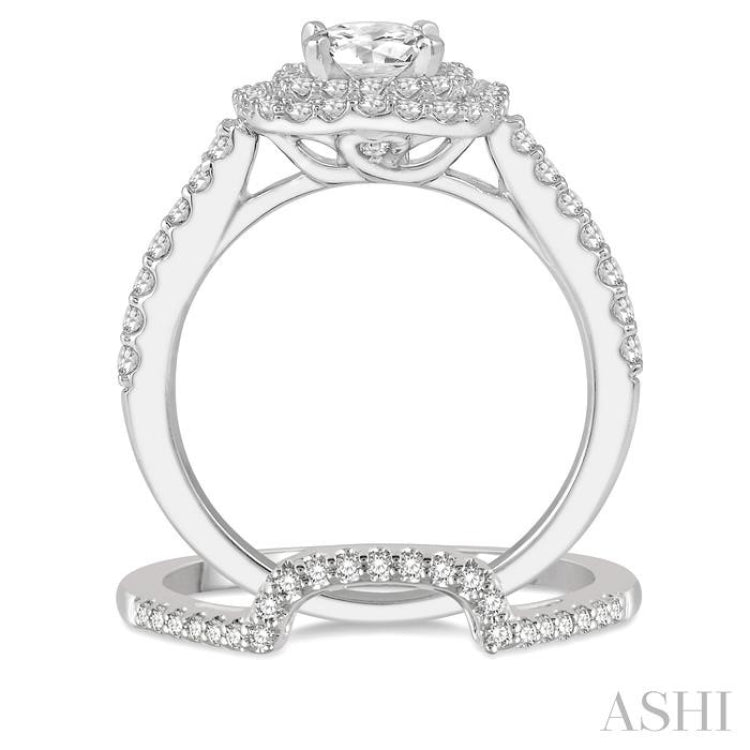 1 1/2 ctw Diamond Wedding Set With 1 1/3 ctw Twin Halo 3/4 ctw Round Cut Center Stone Engagement Ring and 1/4 ctw Wedding Band in 14K White Gold