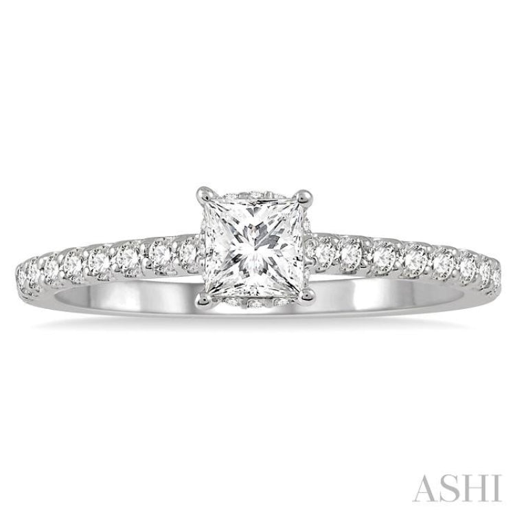 1/2 ctw Round Cut Diamond Engagement Ring With 1/4 ctw Princess Cut Center Stone in 14K White Gold