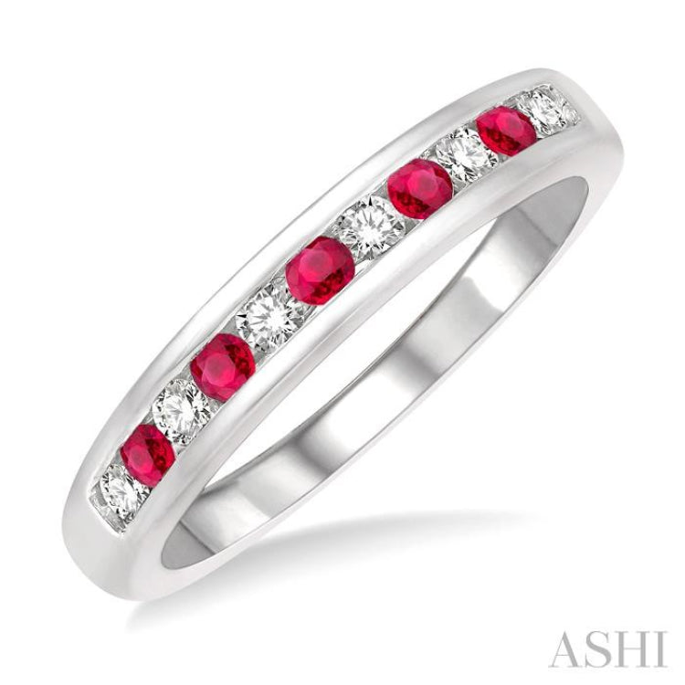 2 MM Ruby and 1/5 Ctw Round Cut Diamond Precious Wedding Band in 14K White Gold