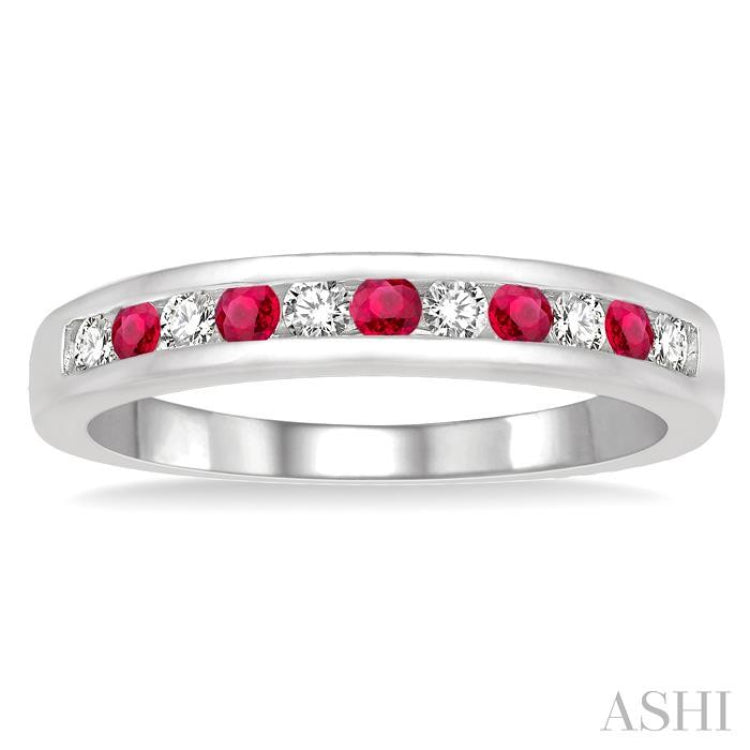 2 MM Ruby and 1/5 Ctw Round Cut Diamond Precious Wedding Band in 14K White Gold