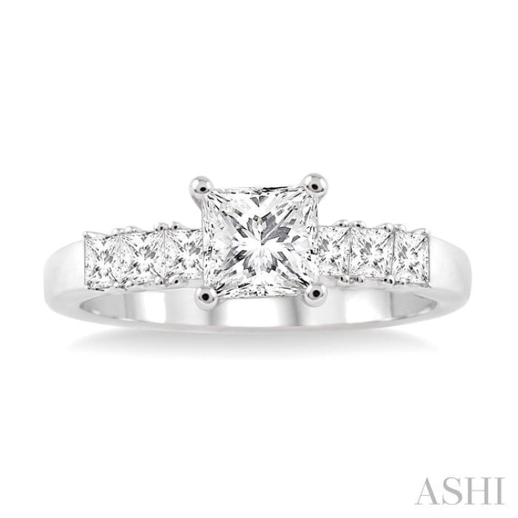 1 Ctw Diamond Engagement Ring with 5/8 Ct Princess Cut Center Stone in 14K White Gold