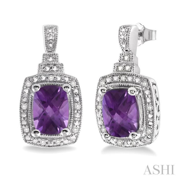 8x6 MM Cushion Shape Amethyst and 1/10 ctw Single Cut Diamond Earrings in Sterling Silver