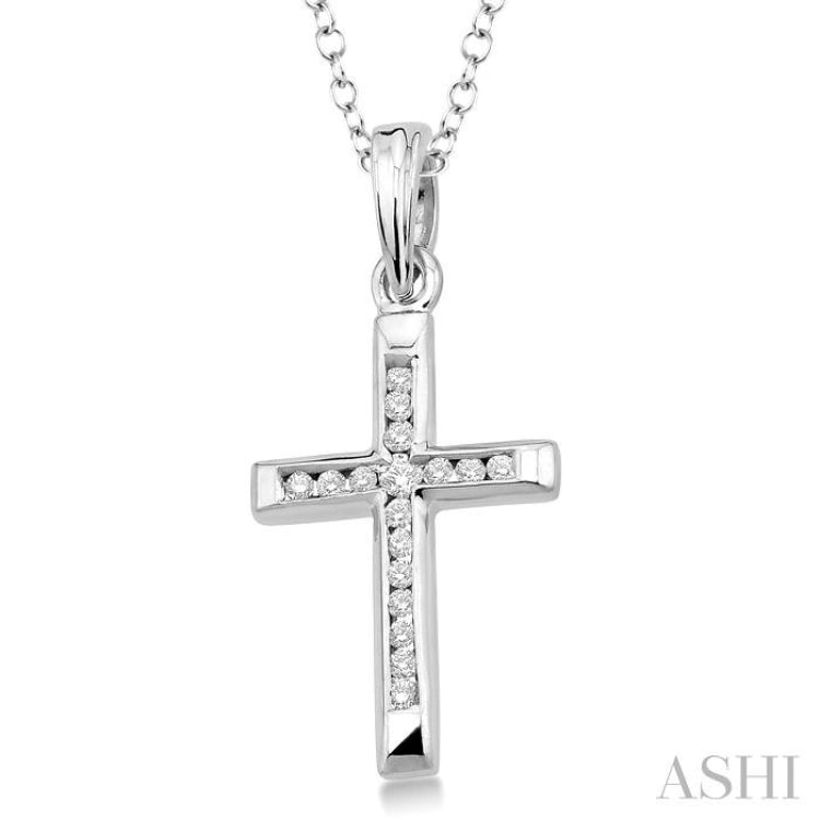 1/10 ctw Round Cut Diamond Channel Cross Pendant in Sterling Silver with Chain