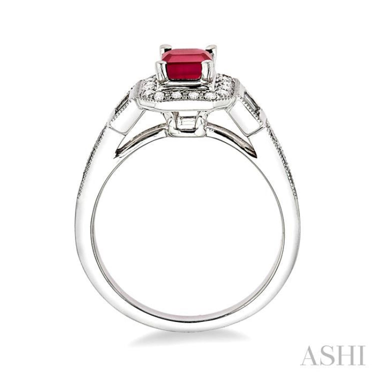 6x4 MM Emerald Shape Ruby and 1/4 ctw Round and Baguette Cut Diamond Ring in 14K White Gold