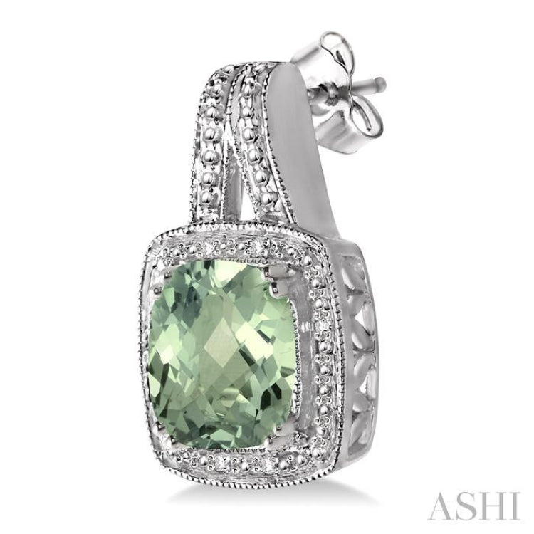 8x8 mm Cushion Cut Green Amethyst and 1/20 ctw Single Cut Diamond Earrings in Sterling Silver