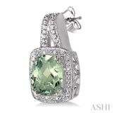 8x8 mm Cushion Cut Green Amethyst and 1/20 ctw Single Cut Diamond Earrings in Sterling Silver