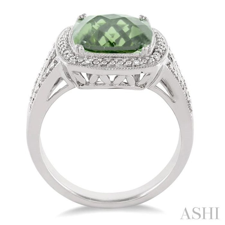 10x10 mm Cushion Cut Green Amethyst and 1/20 ctw Single Cut Diamond Ring in Sterling Silver
