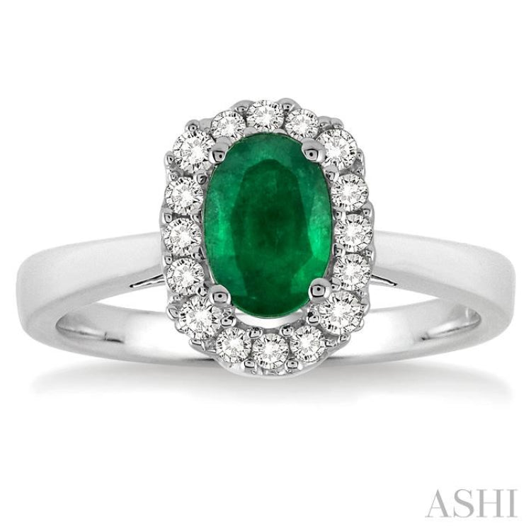 6x4 MM Oval Cut Emerald and 1/6 Ctw Round Cut Diamond Ring in 14K White Gold
