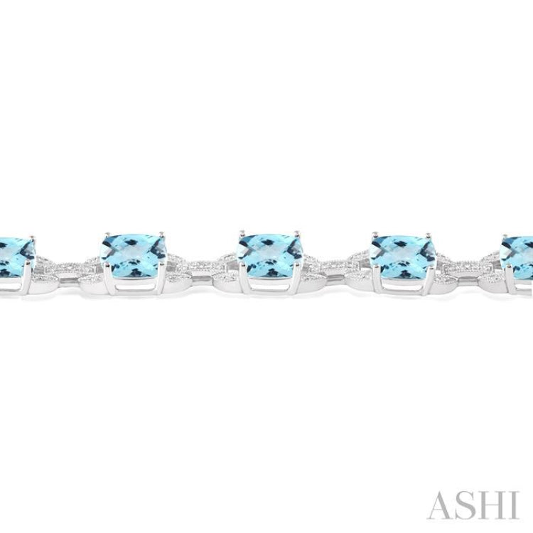 7x7 MM Cushion Shape Blue Topaz and 1/20 Ctw Round Cut Diamond Fashion Bracelet in Sterling Silver
