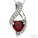 7x7MM Heart Shape Garnet and 1/20 Ctw Single Cut Diamond Pendant in Sterling Silver with Chain