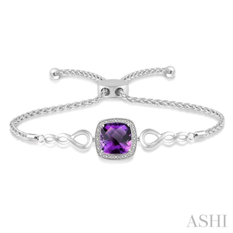 10x10 MM Cushion Shape Amethyst and 1/20 Ctw Round Cut Diamond Sterling Silver Lariat Bracelet