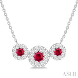 3.8 MM & 3 MM Ruby and 5/8 Ctw Round Cut Diamond Past Present & Future Precious Necklace in 14K White Gold