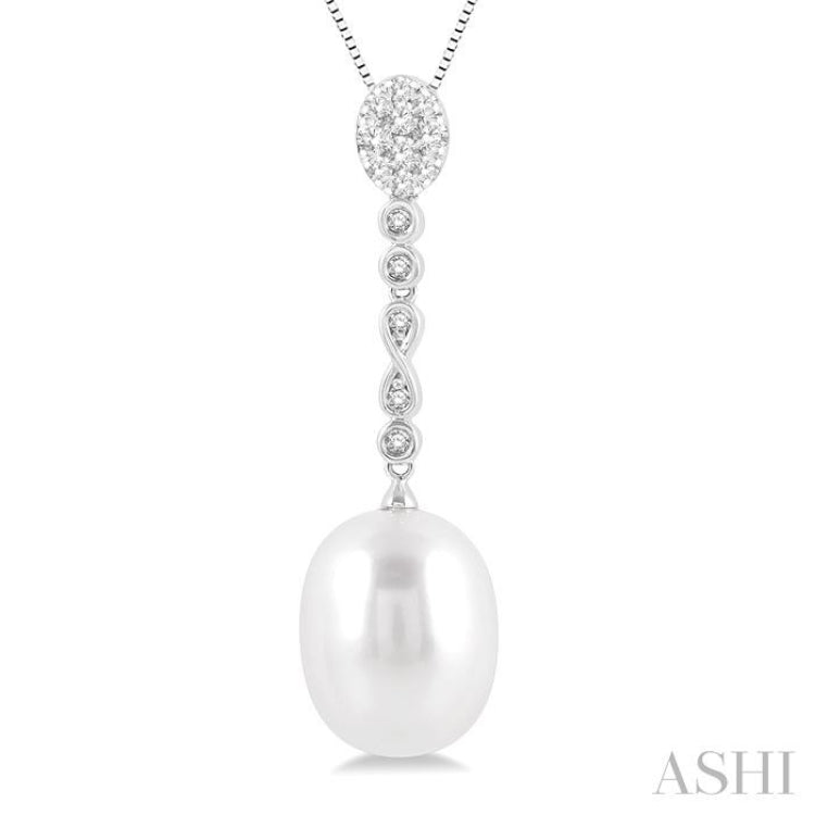 1/5 ctw Hanging Round Cut Diamond and 12x10MM Pearl Drop Lovebright Pendant With Chain in 14K White Gold
