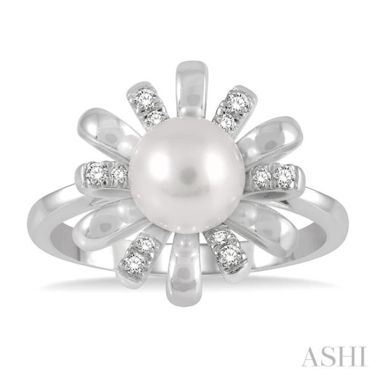 1/10 ctw Floral 7MM Round Pearl & Round Cut Diamond Ring in 10K White Gold
