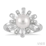 1/10 ctw Floral 7MM Round Pearl & Round Cut Diamond Ring in 10K White Gold