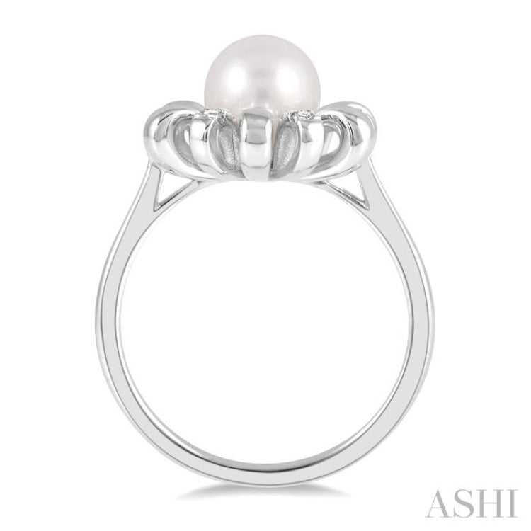 1/10 ctw Floral 7MM Round Pearl & Round Cut Diamond Ring in 10K White Gold