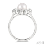 1/10 ctw Floral 7MM Round Pearl & Round Cut Diamond Ring in 10K White Gold
