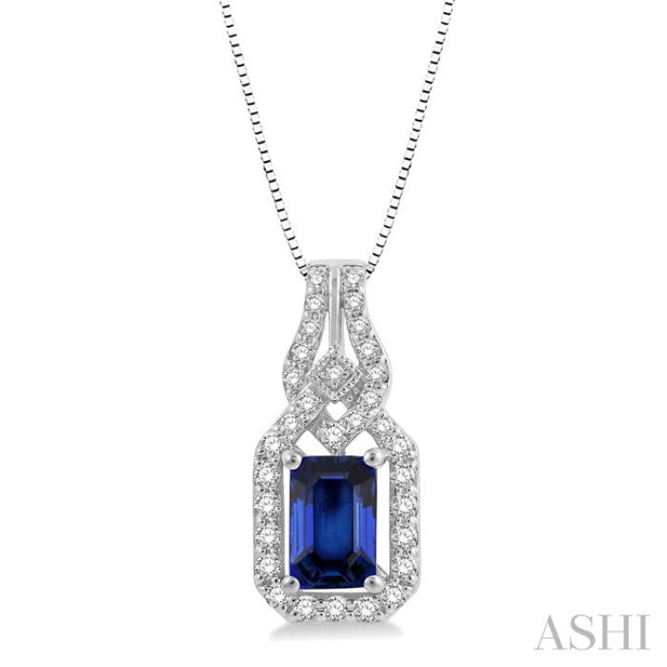 6x4 MM Emerald Shape Sapphire and 1/5 Ctw Interlocking Round Cut Diamond Precious Pendant With Chain in 14K White Gold