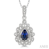 6x4 MM Pear Cut Sapphire and 1/8 Ctw Lattice Round Cut Diamond Precious Pendant With Chain in 10K White Gold