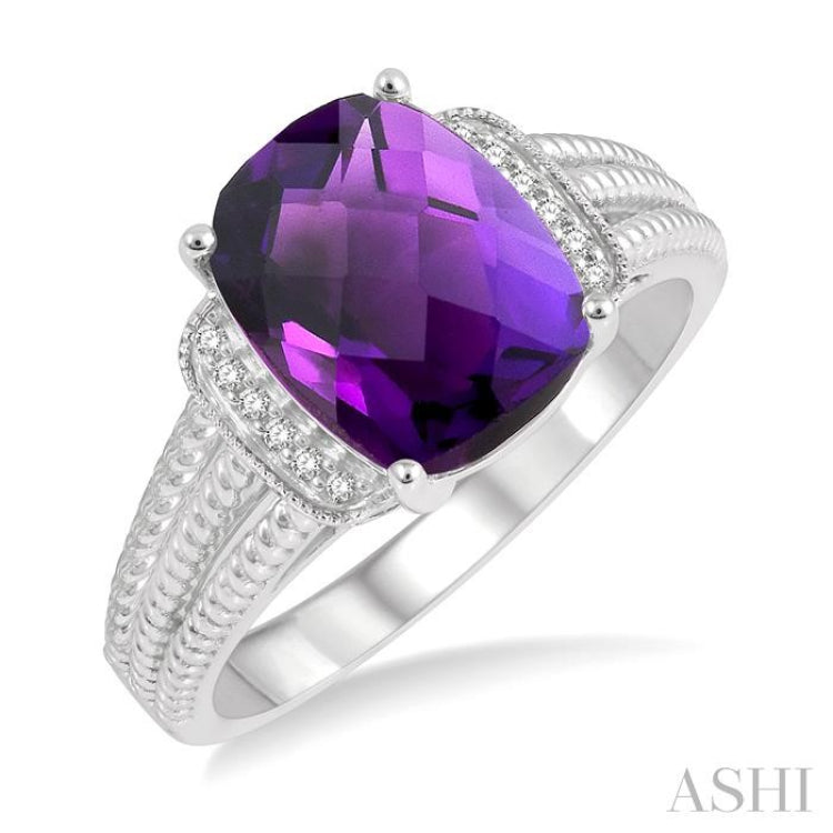 10x8 MM Cushion Shape Amethyst and 1/20 Ctw Round Cut Diamond Semi-Precious Ring in Sterling Silver