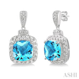 1/50 ctw Round Cut Diamond & 8x8MM Cushion Cut Blue Topaz Semi Precious Earring in Silver