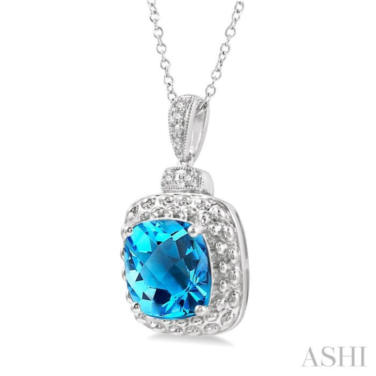 1/50 ctw Round Cut Diamond & 10x10MM Cushion Cut Blue Topaz Semi-Precious Pendant With Chain in Silver