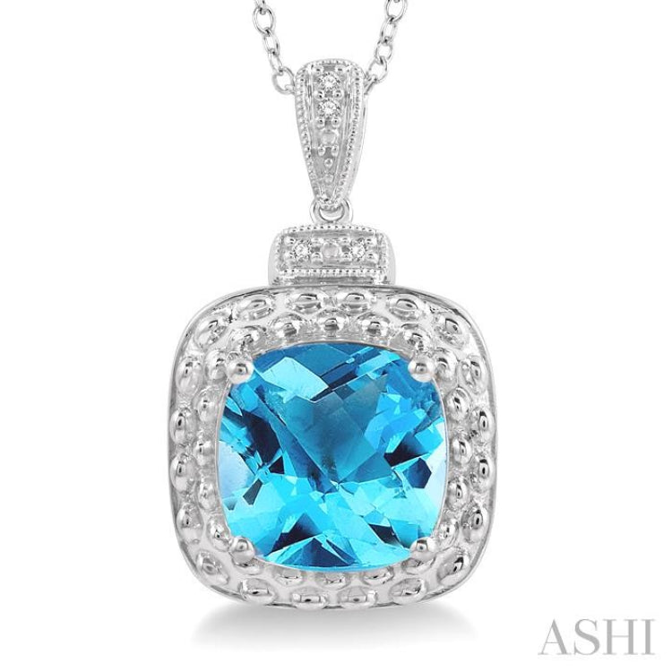 1/50 ctw Round Cut Diamond & 10x10MM Cushion Cut Blue Topaz Semi-Precious Pendant With Chain in Silver