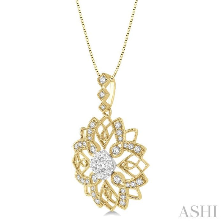 5/8 Ctw Floral Lattice Two Tone Cushion Shape Center Lovebright Round Cut Diamond Pendant With Chain in 14K Yellow and White Gold