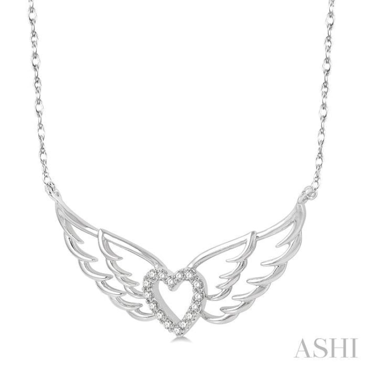 1/8 ctw Angel Wings Heart Round Cut Diamond Necklace in 10K White Gold