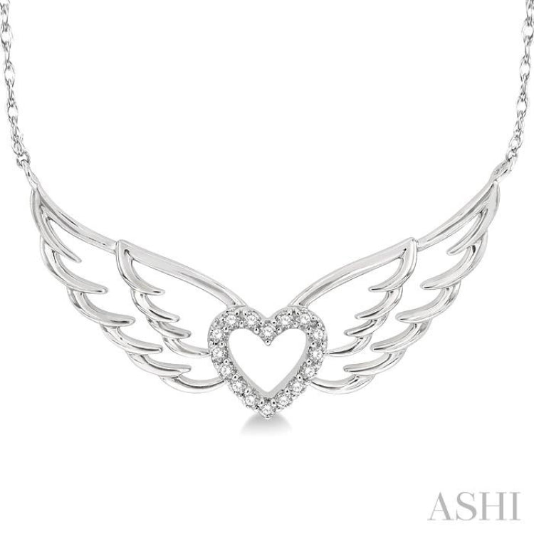 1/8 ctw Angel Wings Heart Round Cut Diamond Necklace in 10K White Gold