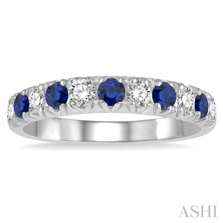 2.6 MM Sapphire and 3/8 ctw Round Cut Diamond Precious Wedding Band in 14K White Gold