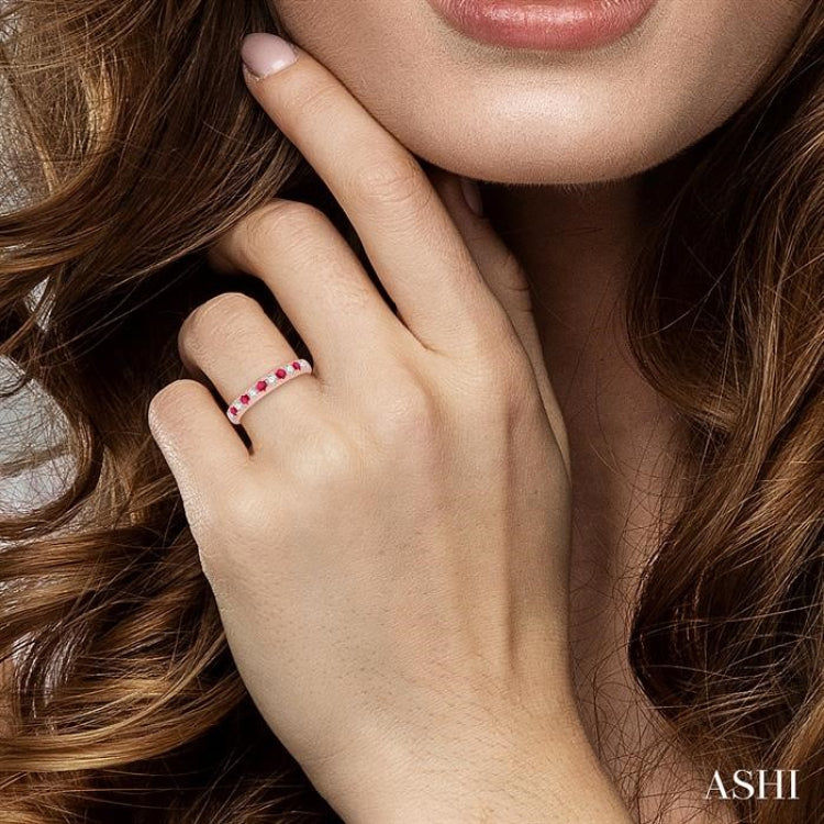 2.3 MM Ruby and 1/4 ctw Round Cut Diamond Precious Wedding Band in 14K rose Gold