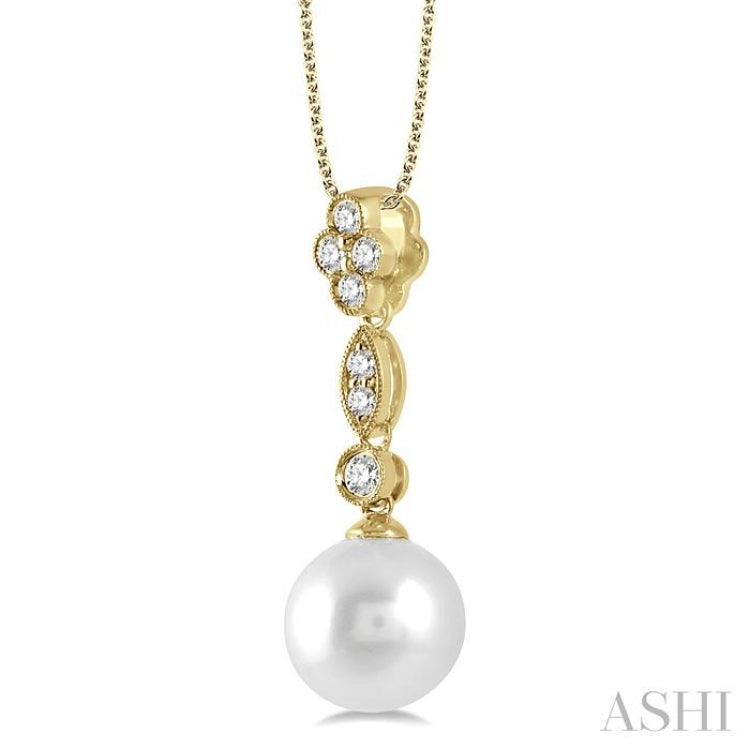 8MM Pearl and 1/6 ctw Floral Dangler Round Cut Diamond Pendant With Chain in 14K Yellow Gold