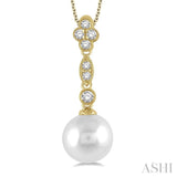 8MM Pearl and 1/6 ctw Floral Dangler Round Cut Diamond Pendant With Chain in 14K Yellow Gold