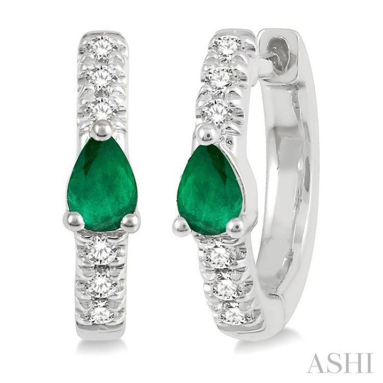 4X3 MM Pear Cut Emerald and 1/10 Ctw Round Cut Diamond Petite Huggie Earrings in 10K White Gold