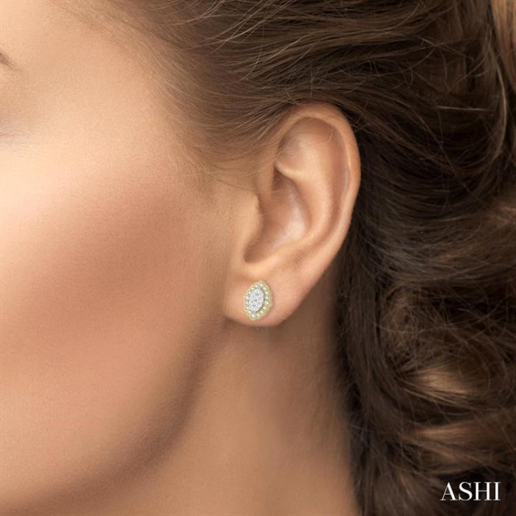 1/4 Ctw Lattice Edge Oval Shape Lovebright Round Cut Diamond Earrings in 14K Yellow and White Gold