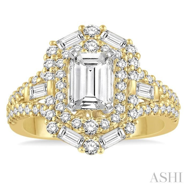 1 ctw Emerald Shape Baguette and Round Cut Diamond Semi-Mount Engagement Ring in 14K Yellow and White Gold
