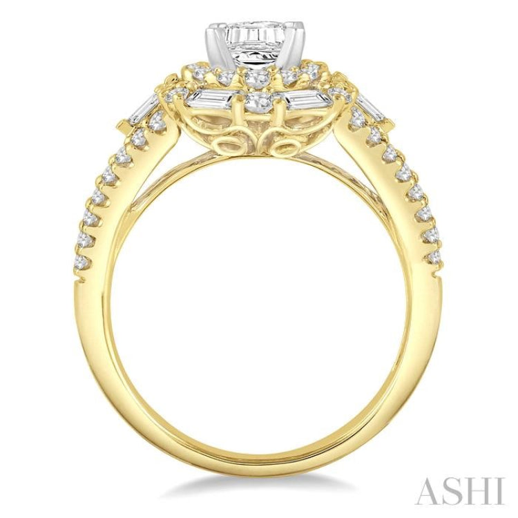 1 ctw Emerald Shape Baguette and Round Cut Diamond Semi-Mount Engagement Ring in 14K Yellow and White Gold