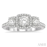 1 ctw Cushion Shape Past, Present & Future Diamond Engagement Ring With 3/8 ctw Round Cut Center Stone in 14K White Gold