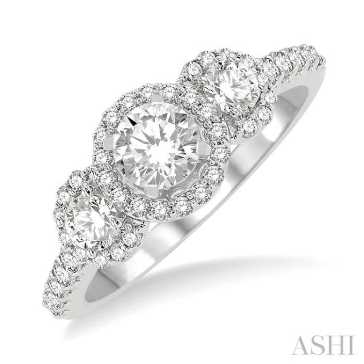 1 ctw Past, Present & Future Diamond Engagement Ring With 3/8 ctw Round Cut Center Stone in 14K White Gold
