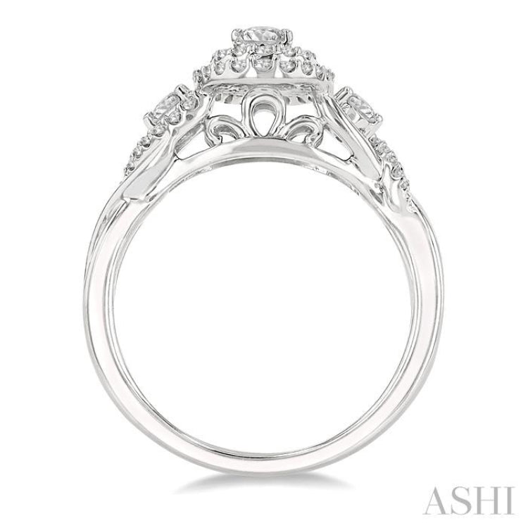 5/8 ctw Split Twisted Shank Round Cut Diamond Engagement Ring With 1/4 ctw Oval Cut Center Stone in 14K White Gold