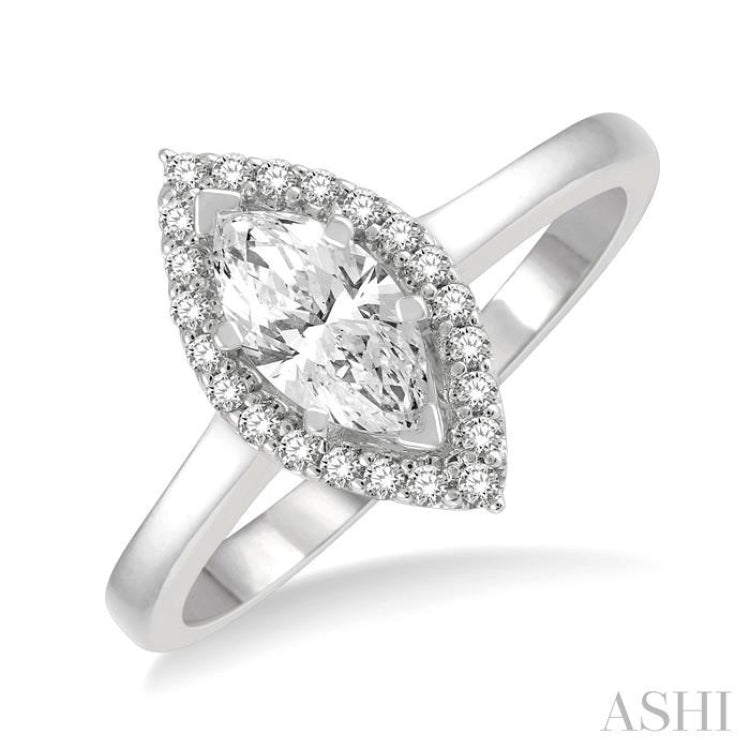 5/8 ctw Round Cut Diamond Engagement Ring With 1/2 ctw Marquise Cut Center Stone in 14K White Gold