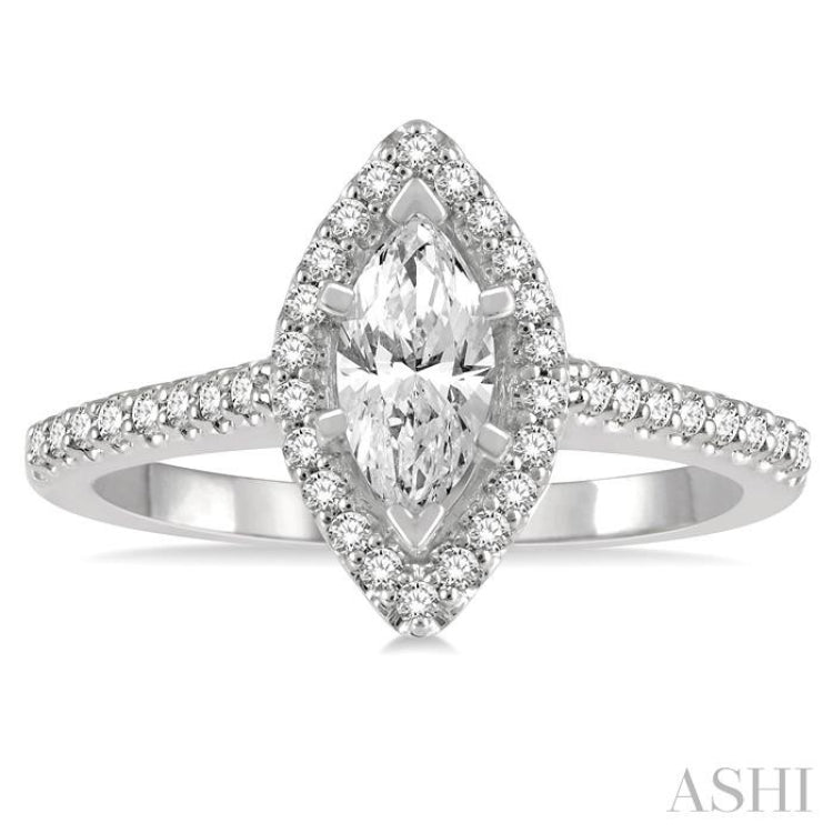 3/4 ctw Round Cut Diamond Engagement Ring With 1/2 ctw Marquise Cut Center Stone in 14K White Gold