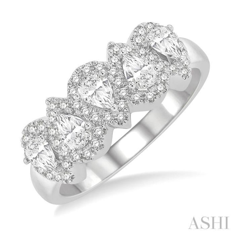 1 ctw Pear Shape 5 Stone Pear & Round Cut Diamond Halo Wedding Band in 14K White Gold